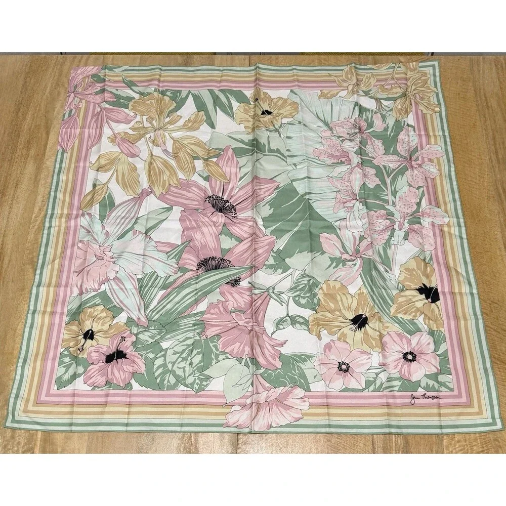 Jim Thompson Silk Floral Print Scarf Pink & Green Art To Wear Pastel EUC